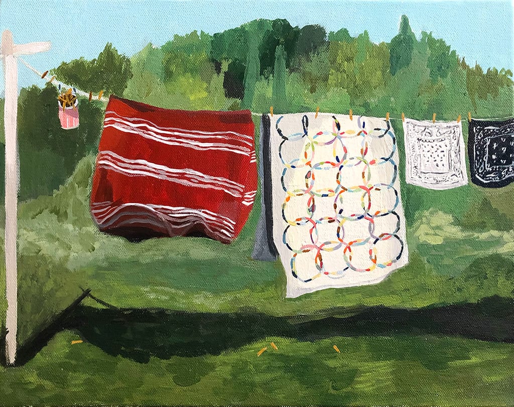 Polly Schindler painting of clothesline with quilts