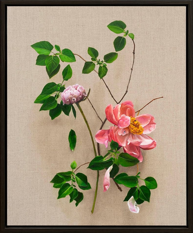 Pink flowers with green leaves and stems with subtle dog faces