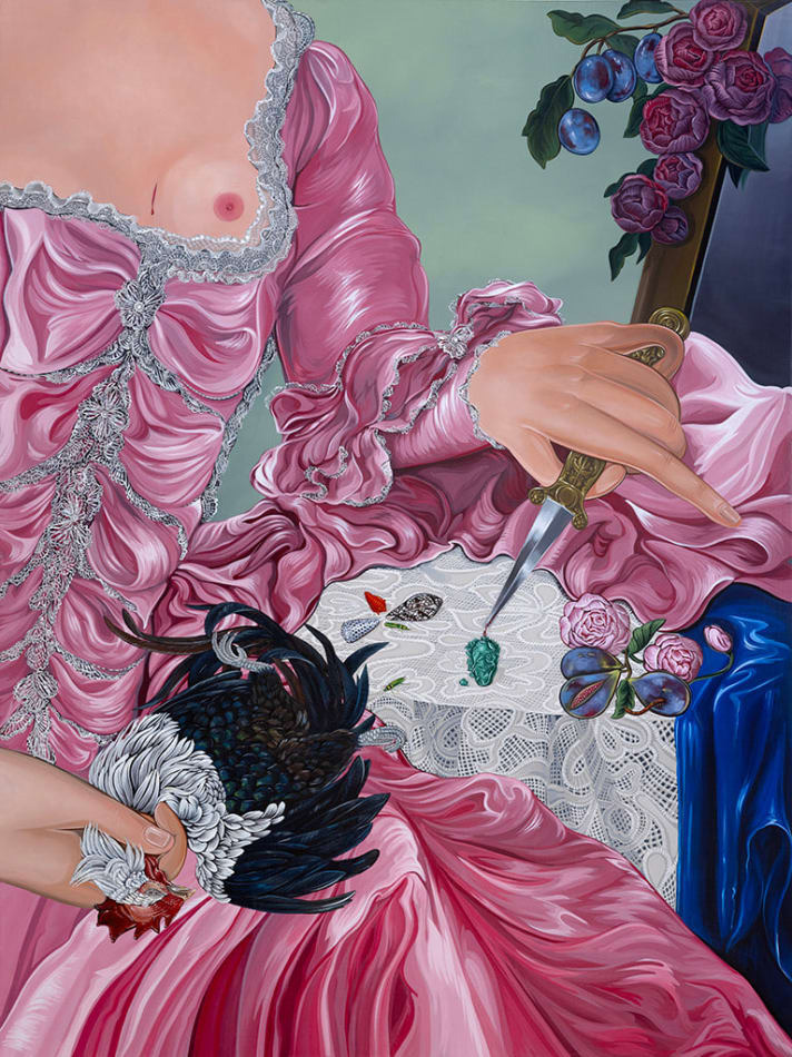 Oil painting of a woman's torso in an elaborate dress with her breast exposed. She is holding a rooster in one hand and a small dagger in the other by Sabrina Bockler