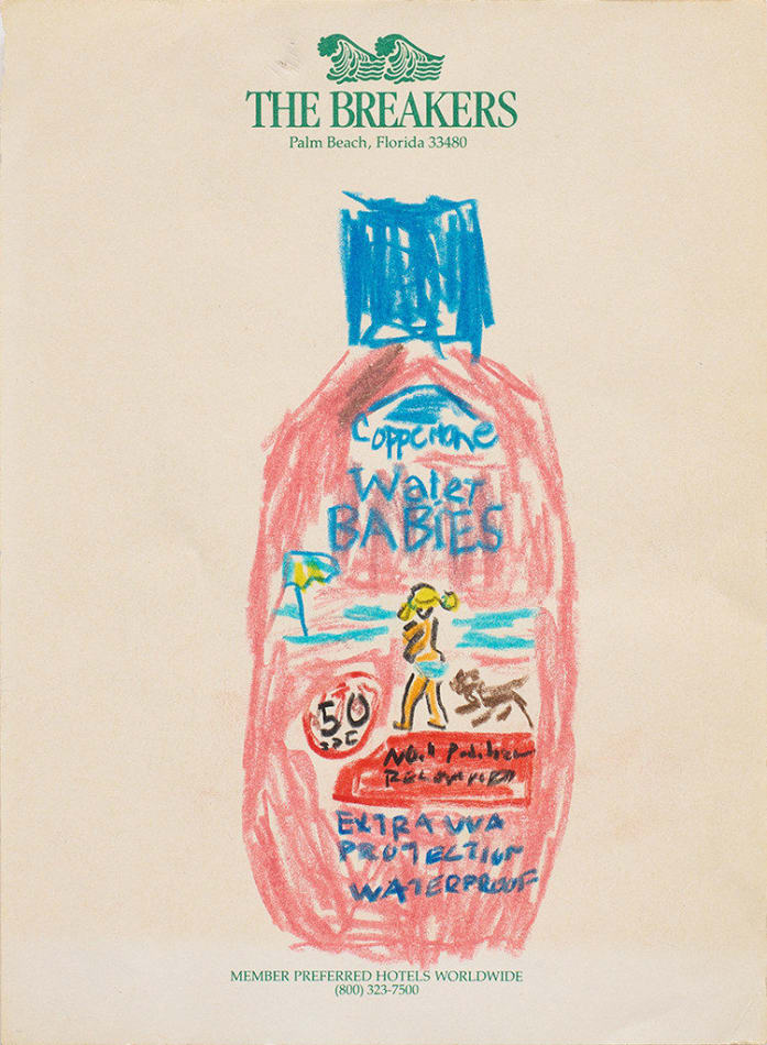 Drawing of a pink sunscreen bottle on hotel stationery