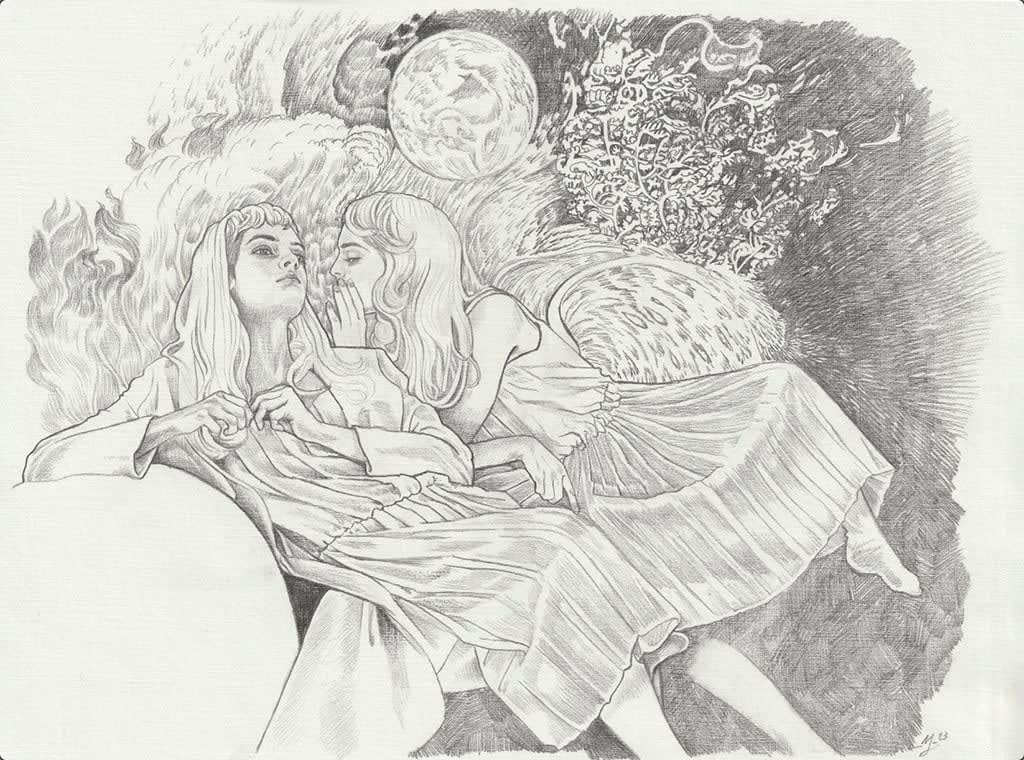 Drawing of two women, one whispering in the others ear. There is a moon in the background