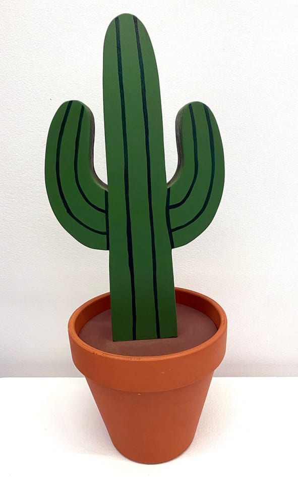 Jeff Canham wooden sculpture of cactus in terra cotta pot
