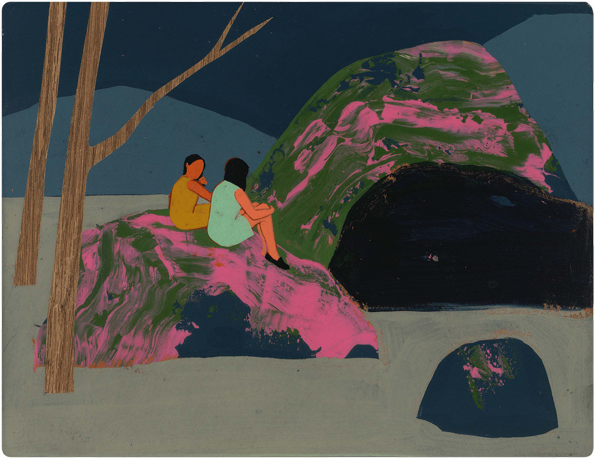 two faceless women sitting on a green and pink rock
