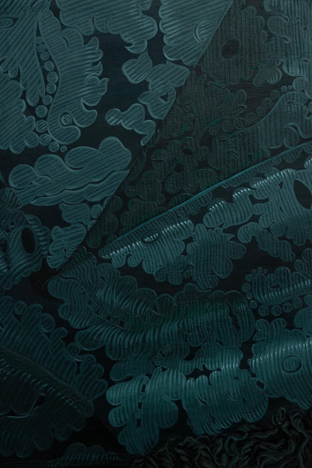 Detail photograph of the ornate teal silk fabric by Sabrina Bockler