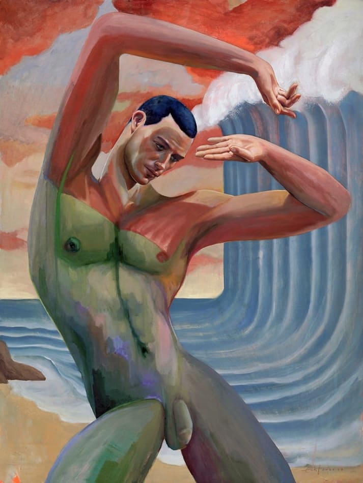standing nude man with his arms above his head next to tall wave breaking
