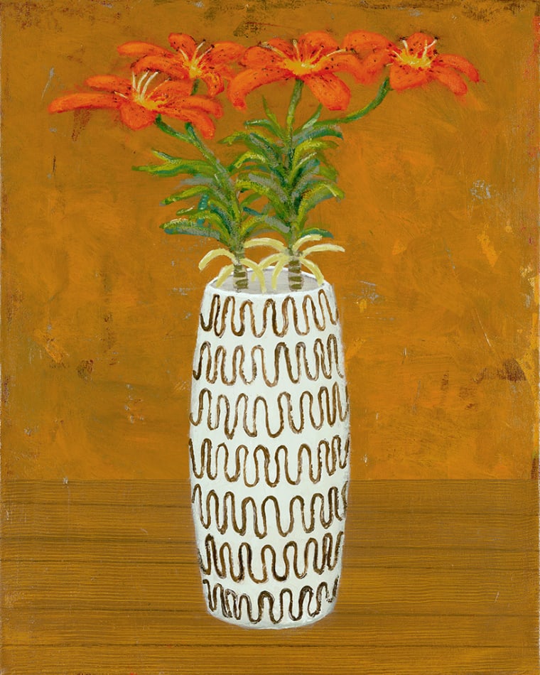 Gabe Langholtz patterned vase with orange flowers