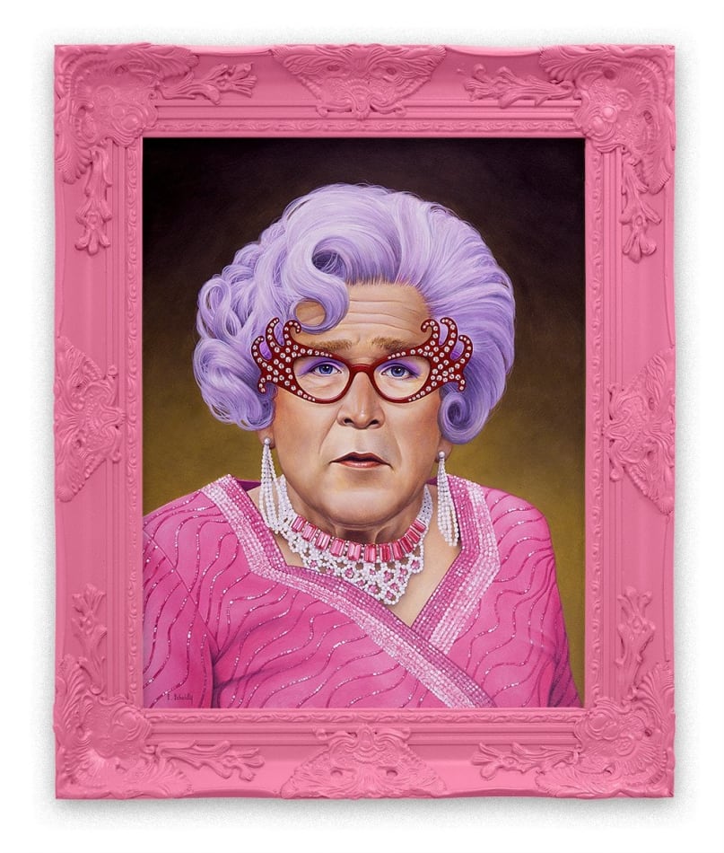 Scott Scheidly painting of GW Bush as woman in pink frame