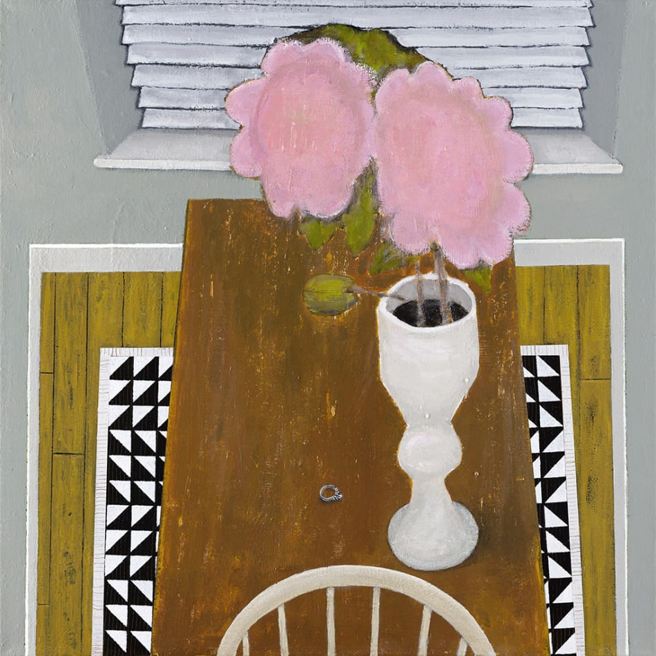 Gabe Langholtz tabletop with pink flowers and engagement ring on table