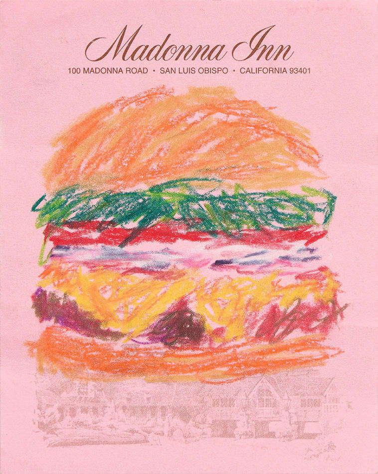 Drawing of a cheeseburger on pink hotel stationery
