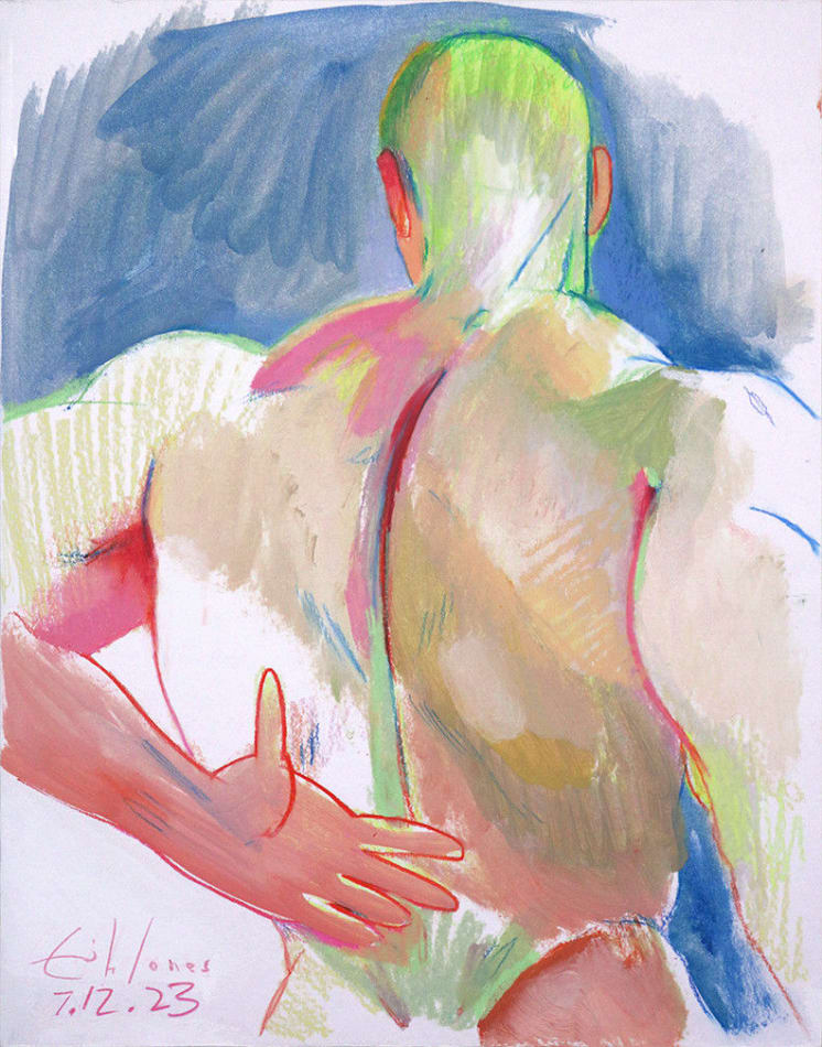 colorful sketch of the back of a muscular nude man