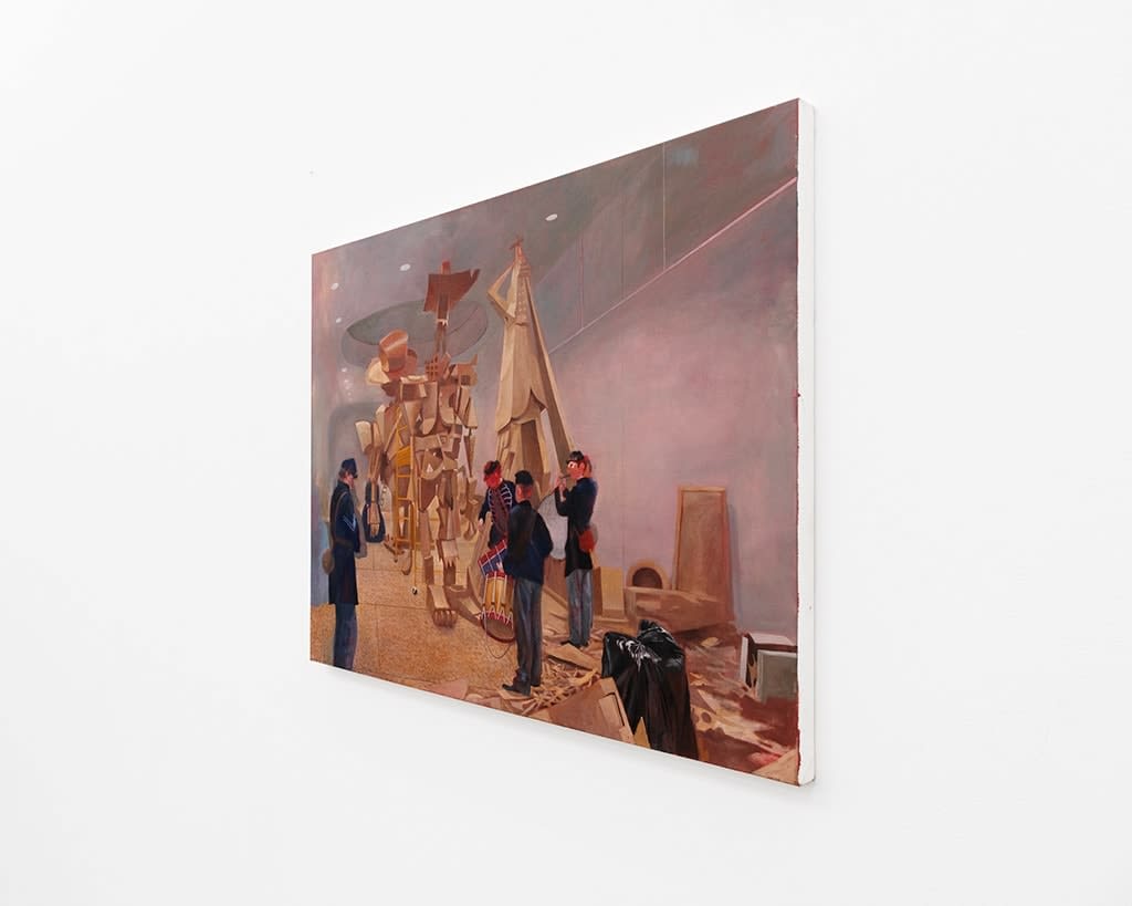 Painting of a studio set with several actors dressed as civil war soldiers surrounding a cardboard puppet