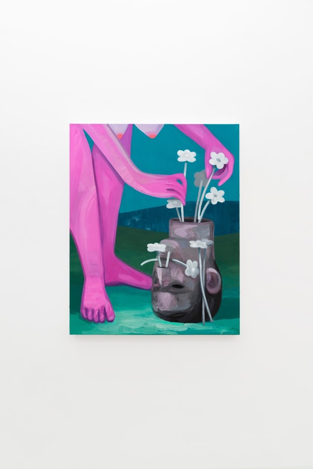 Corey K. Lamb - decapitated head upside down as vase, tended by pink female figure arranging flowers
