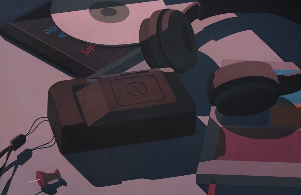 Still life painting of a table with a small film camera, a book, a cd on top of its case, headphones and a thumbtack.
