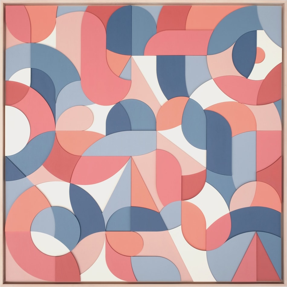 pink, blue, and white wooden relief piece featuring many smaller pieces in a light wood frame