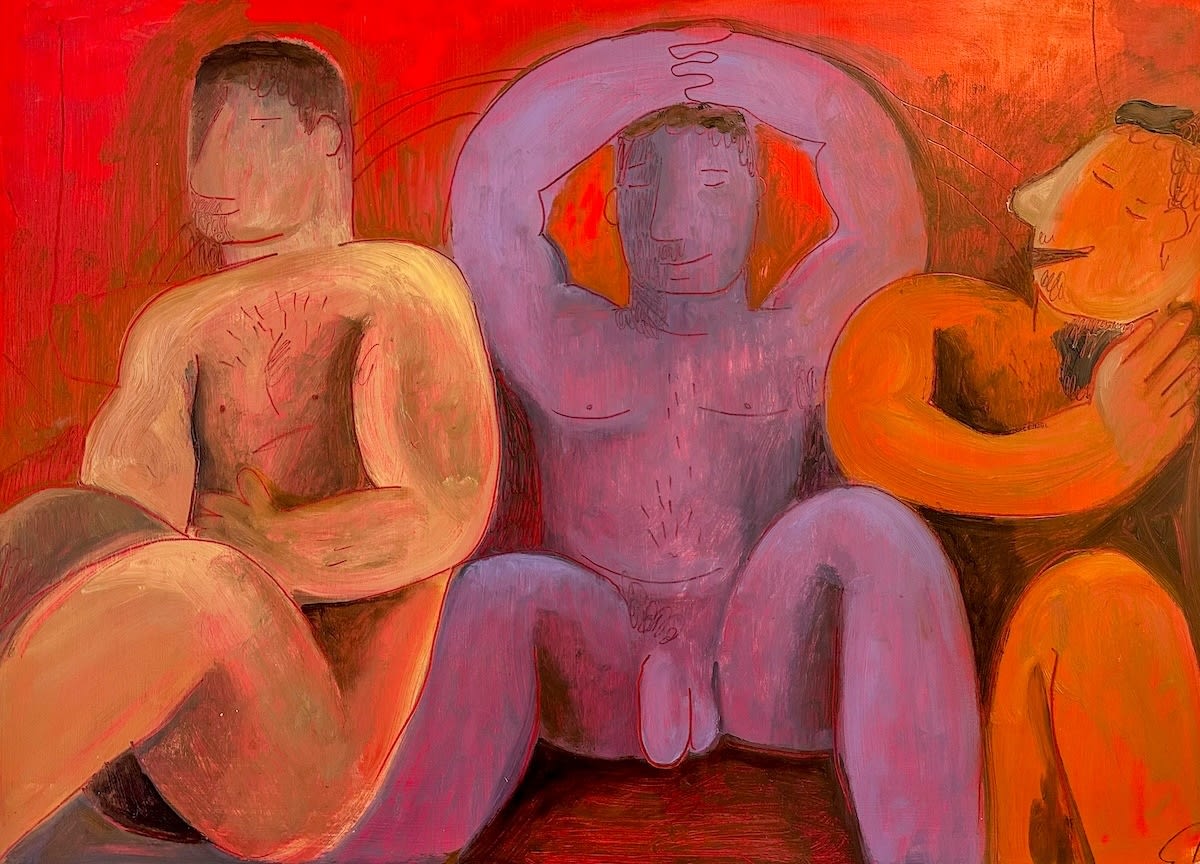 Carlos Rodriguez - painting of three faceless nude men sitting side by side. Two on the side have their hand rested in front of their chest, while the one in between has his arms lifted above his head. The general tone of the painting is warm and in shades of orange besides the skin tone of the man in the middle with parts of purple shades.