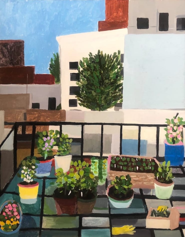 Polly Shindler painting of city terrace with multiple potted plants, buildings in background