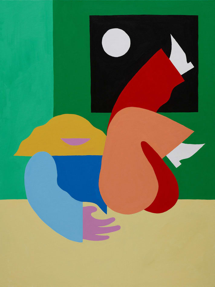 painting of a figure with red orange pants seated on a beige ground with her feet in the air, a green wall and a white minute behind her on a clear night