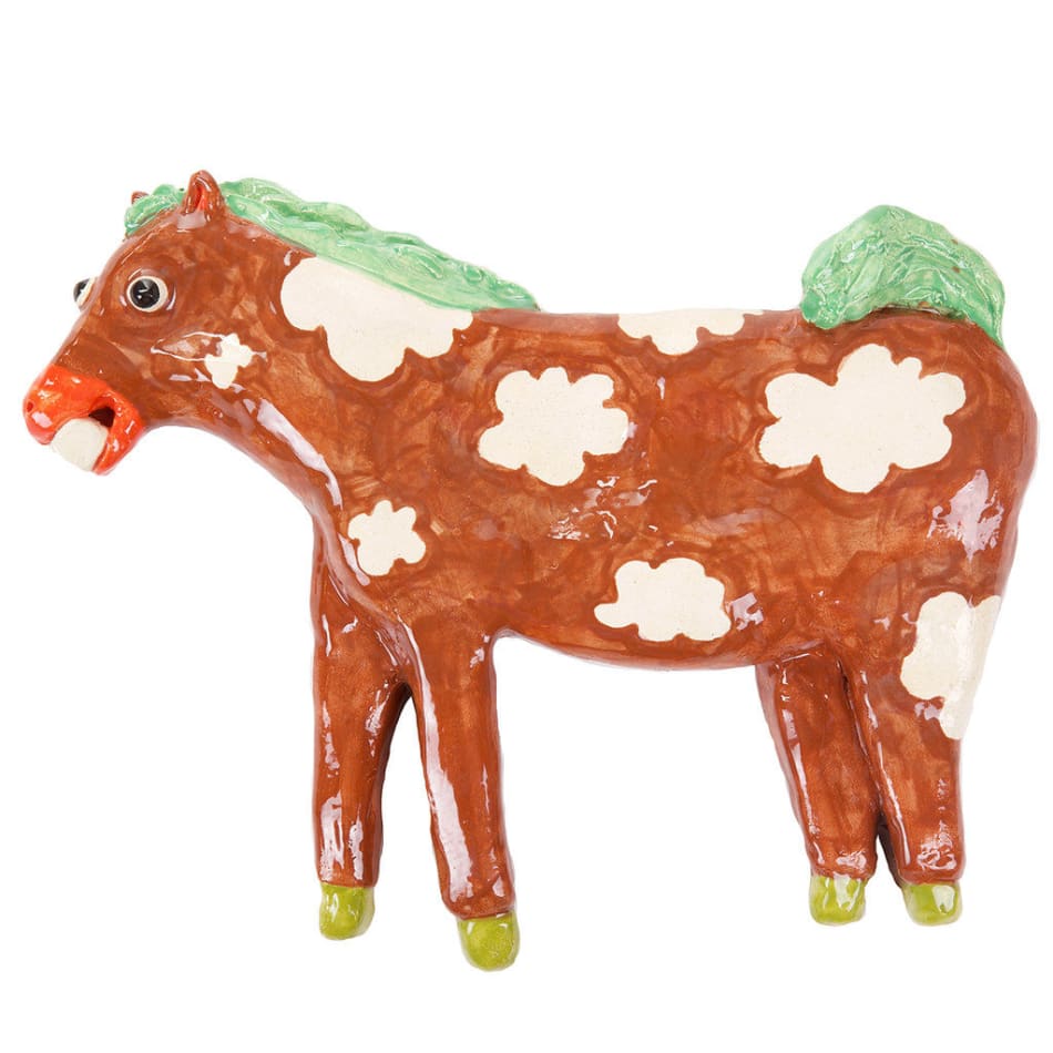 Katie Kimmel's ceramic sculpture horse with green hair