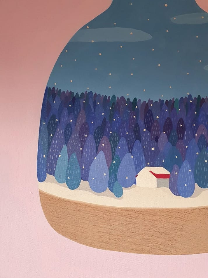 Danym Kwon painting of vase with trees and snowy landscape detail