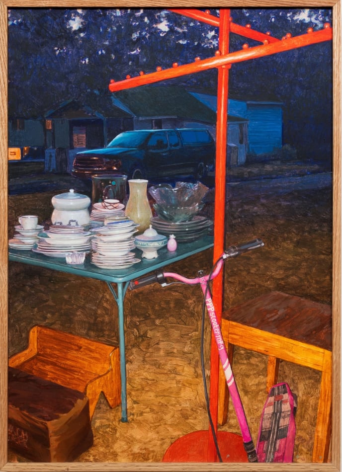 Painting of an iPhone photo with a flash of a folding table with a stack of white dishware including coffee cups, plates and bowls as well as a few vases and large bowl. There is a pink scoots leaning on a chair. In the background is a black SUV and a house with light coming from the window