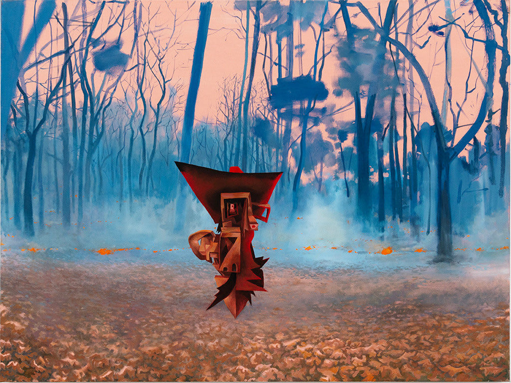 Painting of a misty forest with blue trees and pink sky, floating above a pebbled ground is an abstract brown and red object