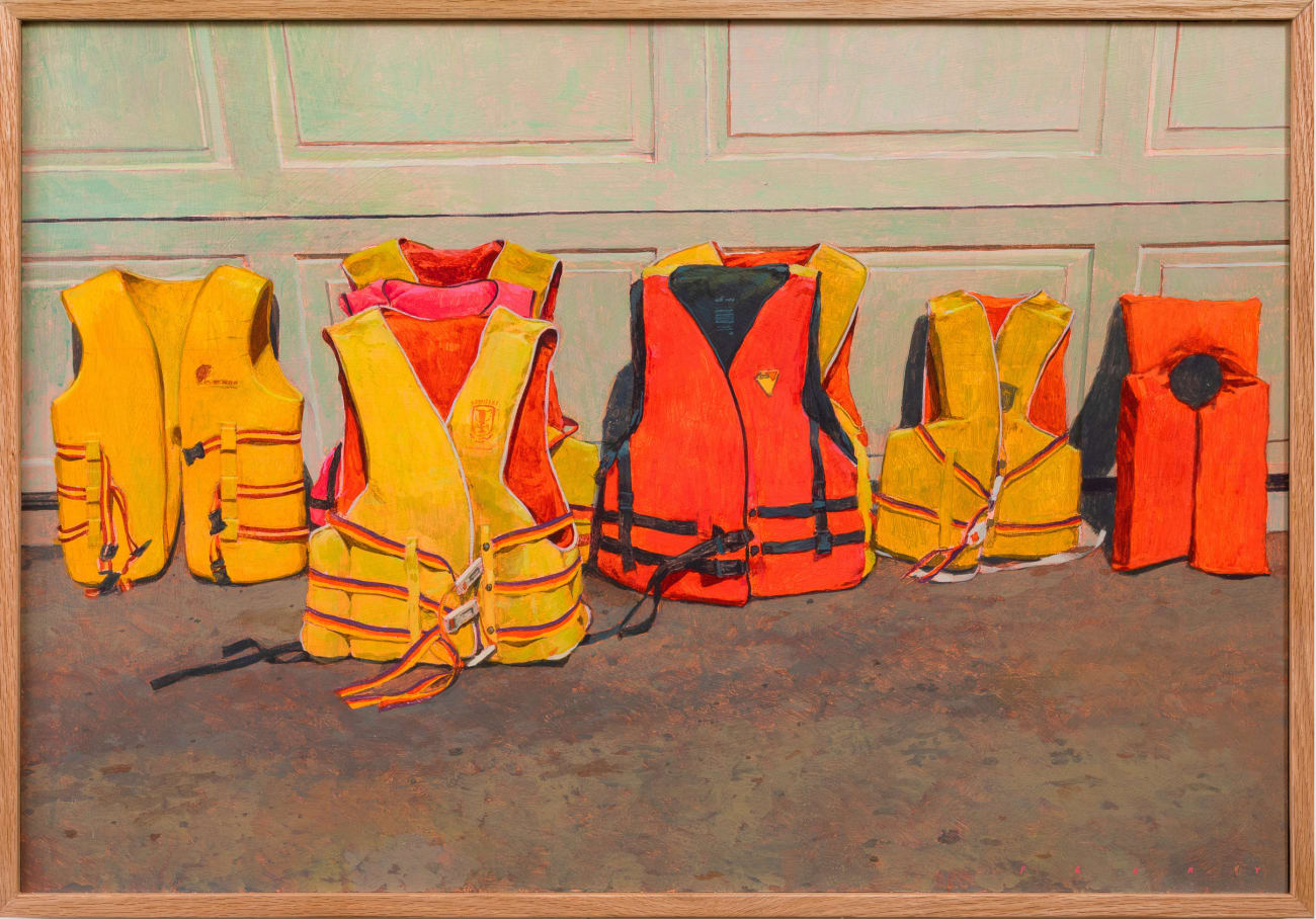 Painting of a bunch of bright orange and yellow life vest on the ground leaning up against a garage door.