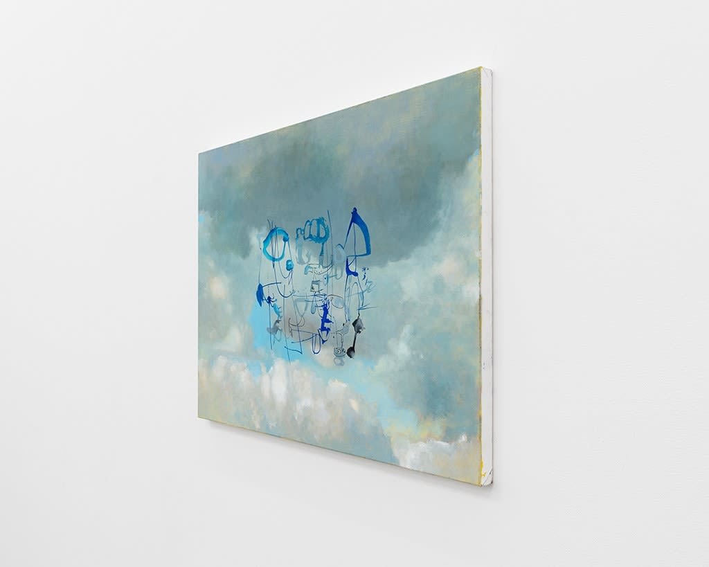 Painting of a clouds on a blue sky with an abstract blue figure in the foreground