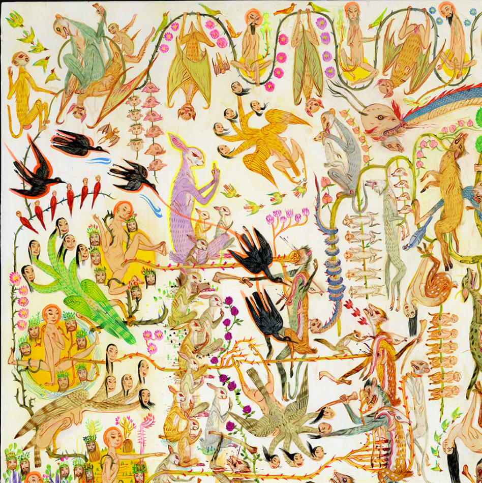 Detail shot of Mu Pan painting of animals and human hybrid creatures eating, fighting, sleeping, etc