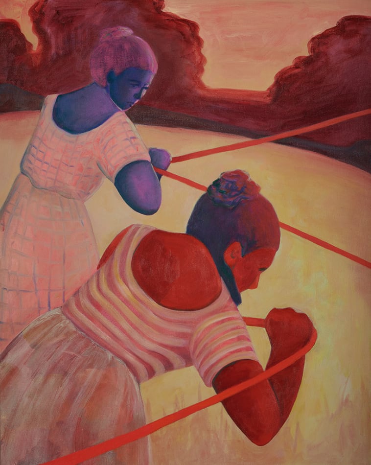 painting by genevieve cohn depicting two women wearing patterned dresses hunched over, gripping a bright red rope tightly in an open plain