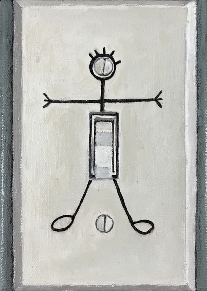 painting of a light switch with a stick figure man drawn on it