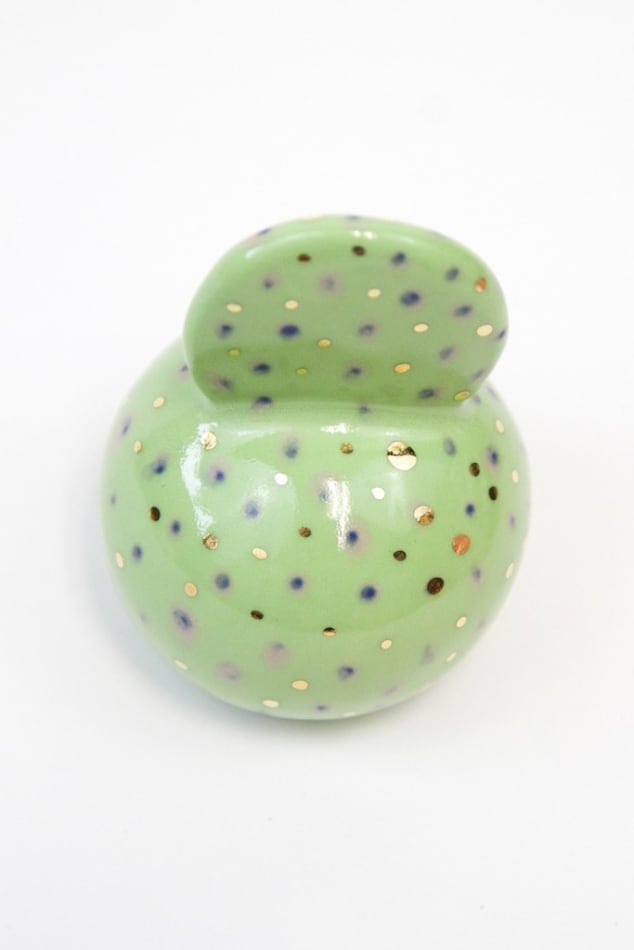 Jen Dwyer green abstract sculpture of plant with gold dots