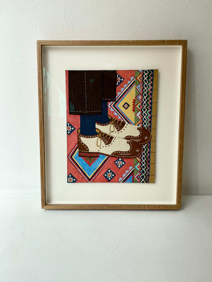 James Eddy painting of shoes on a colorful rug