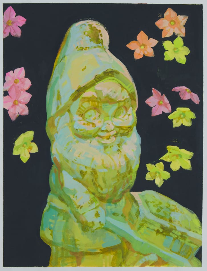painting of a yellow and blue toned gnome figure with flowers around it on a dark background