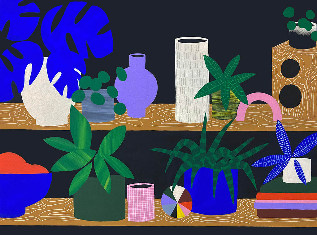 HelloMarine painting of plants in pots on wooden shelves