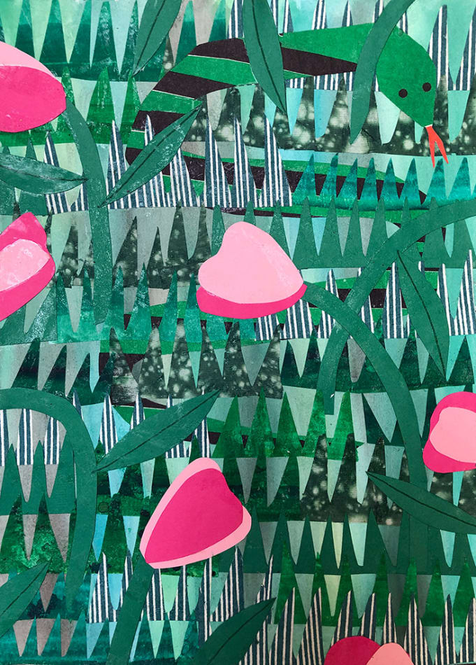 Karen Lederer collage of snakes and tulips