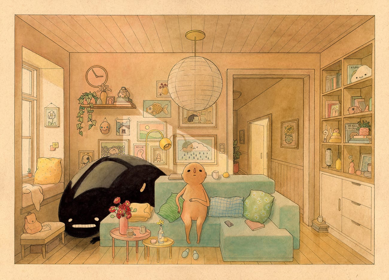 drawing of a figure sitting on living room couch with a menacing black blob behind it