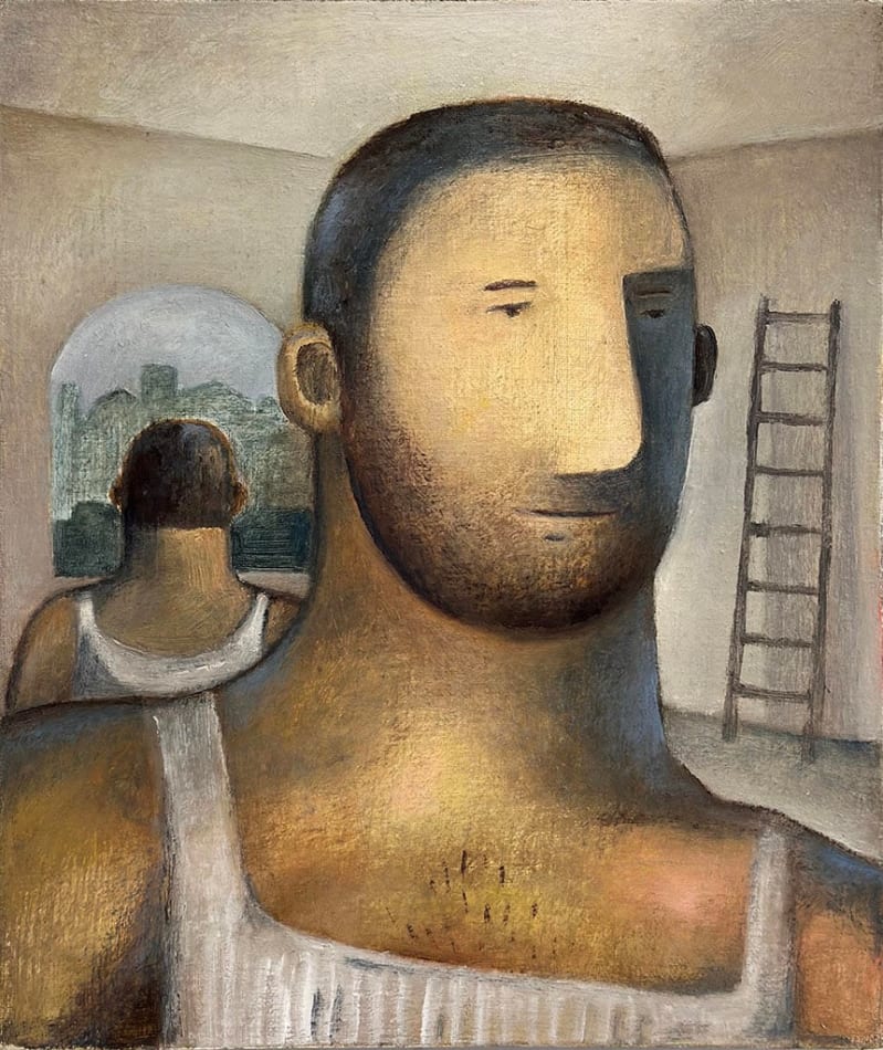 one male figure lookout out with another male figure with his back turned behind him