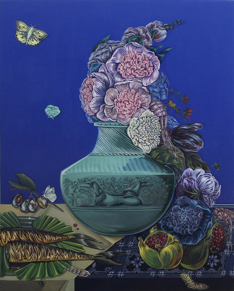 Sabrina Bockler's painting of a vase with flowers in it using deep blue and purple