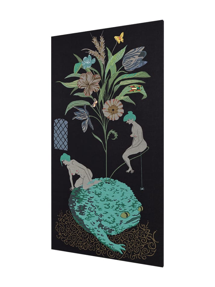 Oona Brangam-Snell hand-woven embroidery of large frog, flowers and fairy like women
