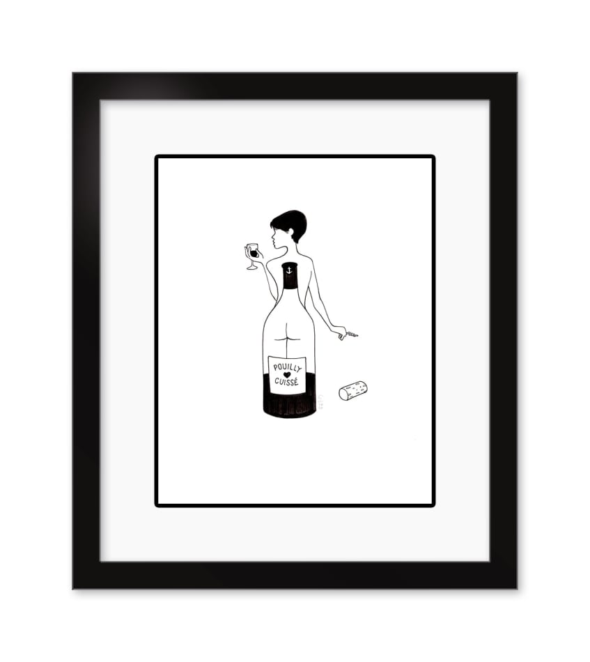 Petites Luxures framed single line drawing of a woman and a bottle of wine