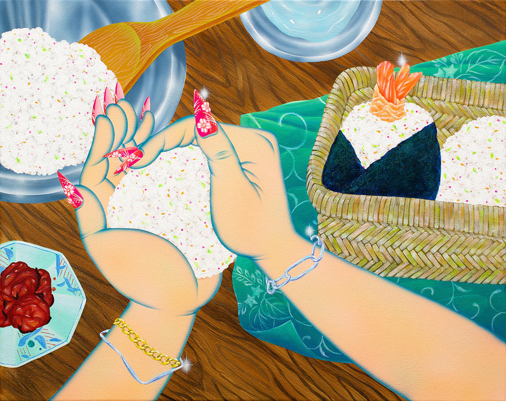 Painting of someones hands forming white rice over a table with a large metal bowl full of rice and a wooden spoon.
