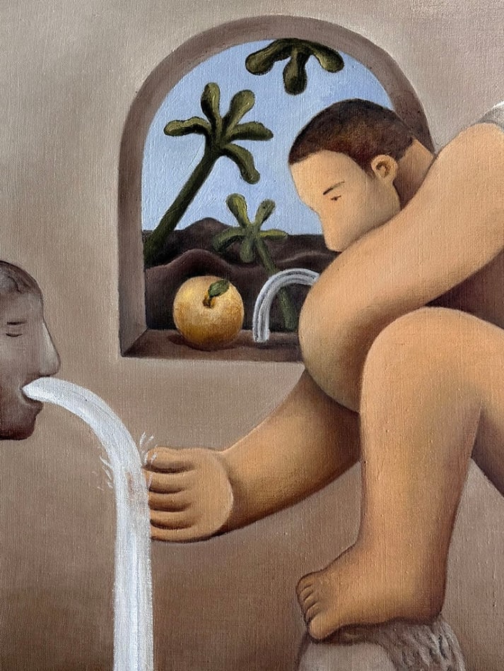 Painting of a nude male figure with his foot up and a stream of water