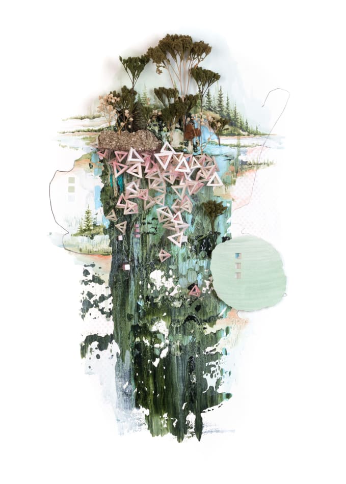 Gregory Euclide - mix media work of abstracted nature scene with a major color palette of green and blue.