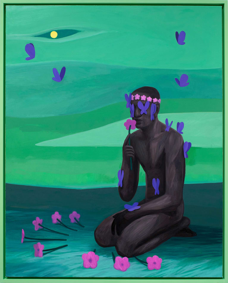 Corey K. Lamb - male figure kneeling in grass surrounded by flowers and butterflies