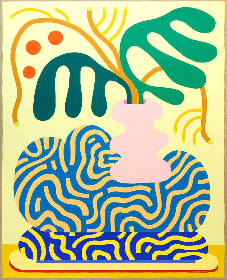 painting of an alien-like bouquet in a blue patterned vase