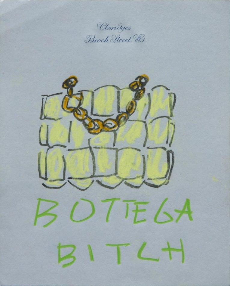 sketch of a yellow bottega bag on notepad paper