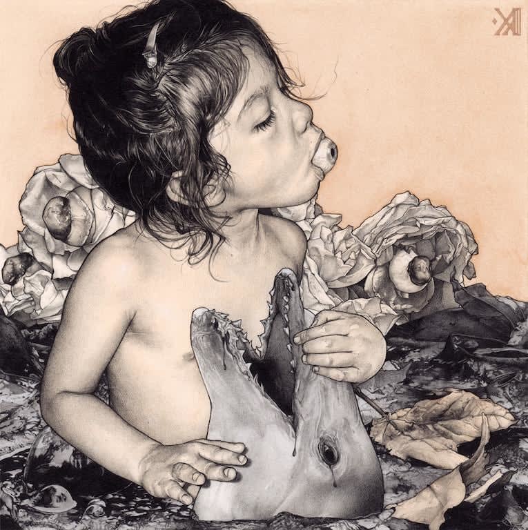 Kikyz1313 drawing of child with eyeball in mouth holding dolphin face