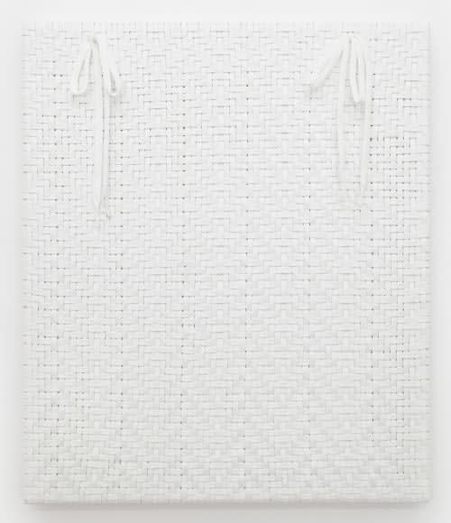Didi Rojas woven painting of clean lace weaving w 2 bows at top, long laces