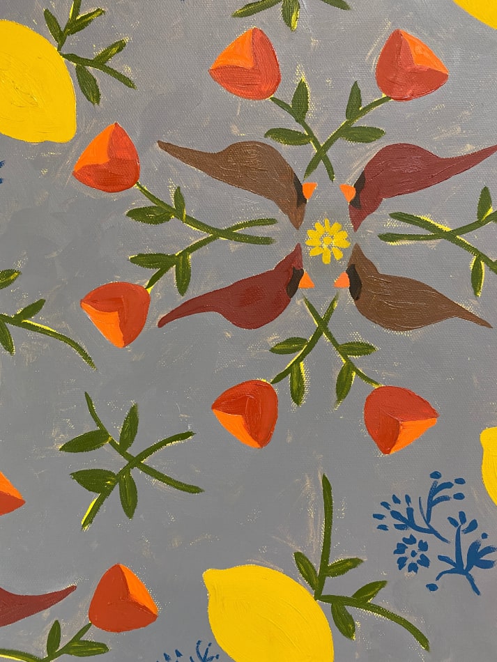 Natalia Juncadella painting of coffee cup and plants on background with birds and lemons detail