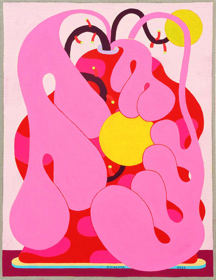 painting of pink lumpy plants coming out a red vase